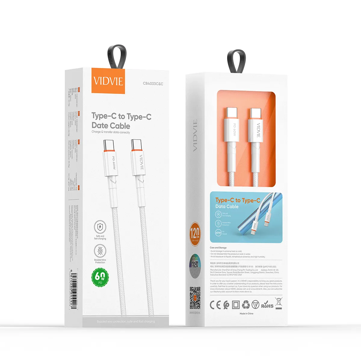 VIDVIE Data Cable CB4033C&C Type-C to Type-C Data Cable (White)